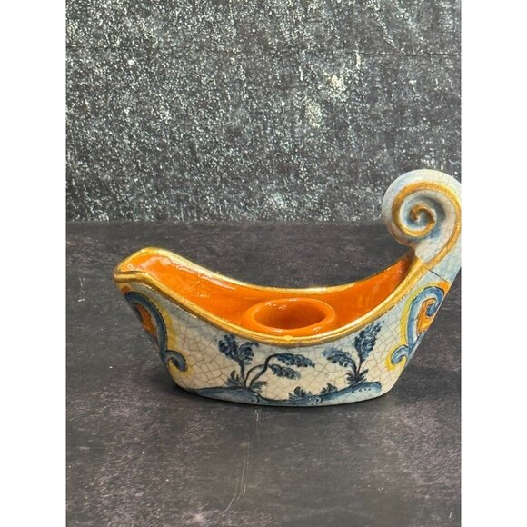 Vintage Veneto Flair Candlestick Signed 1976 Italian Ceramic Scroll Design - Picture 3 of 9